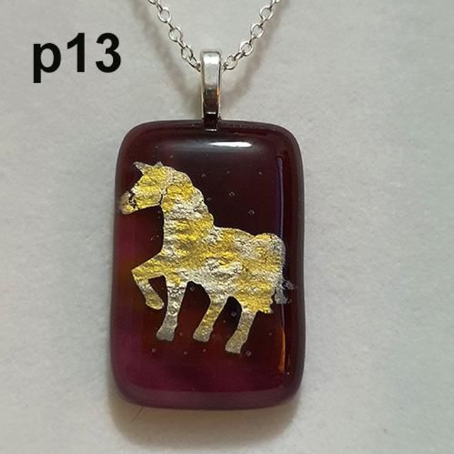 Unicorn cranberry pink glass pendant &amp; chain p13