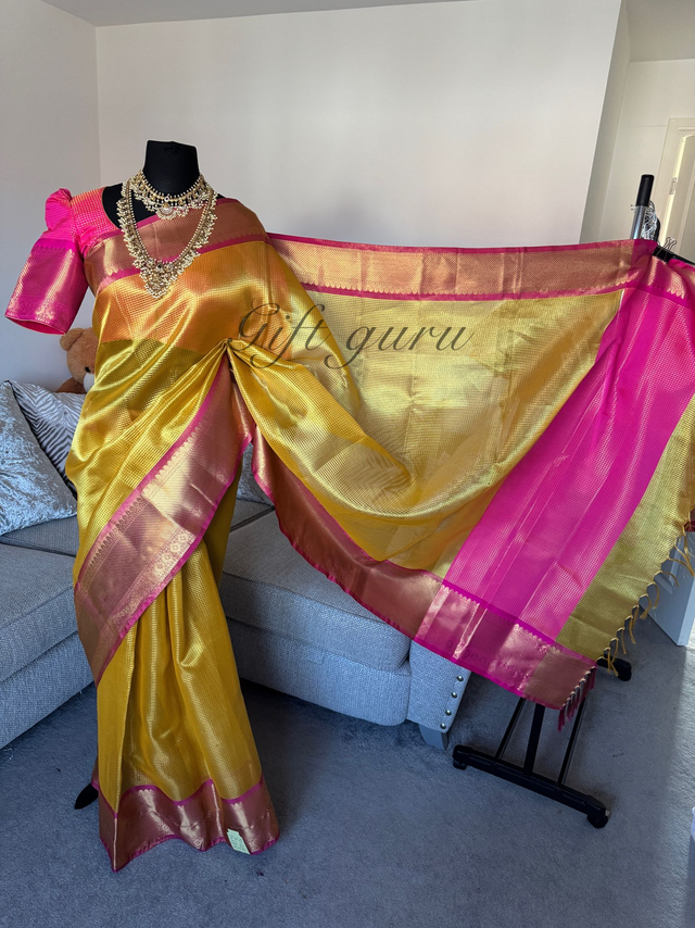 Banaras Tissue Soft Silk Saree – Yellow with Pink Pattu Border