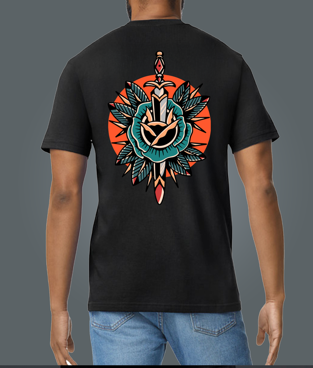 Traditional Tattoo Style Sword Black Soft Spun Patterned T-Shirt