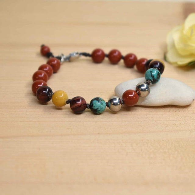 Bracelet homme 2 boules acier et pierres de jaspe brique, mokaite, turquoise africaine et oeil de taureau