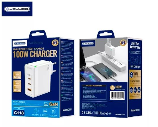 Adaptateur secteur Triple port 2X USB-C + 1X USB-A (100W) avec cable USB-C/Type C vers Lightning JELLICO C118 (Boite/blister) blanc