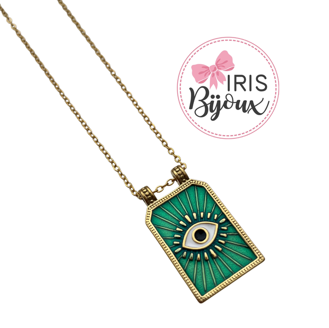 Collana girocollo medaglietta smaltata occhio greco verde 