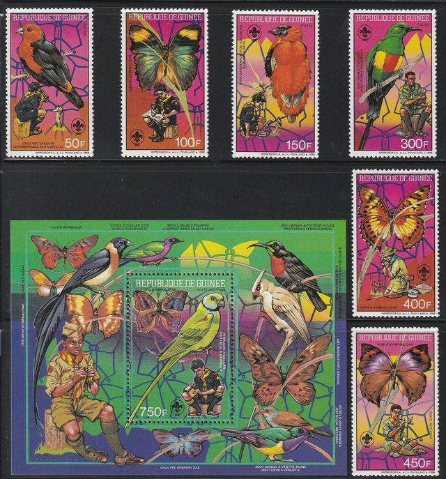 Guinea 1988 Scouts,Birds,Butterflies set &amp; minisheet MNH