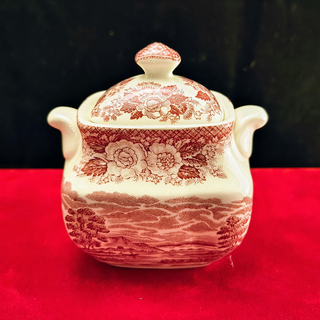 Enoch Wedgwood | Suikerpot met deksel (lengte 10 | breedte 7 | hoogte 10 cm) 'Lochs of Scotland' motief in Roze | Vintage - Onvolkomenheid
