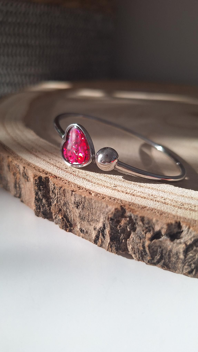 Bracelet jonc argenté cœur paillettes roses