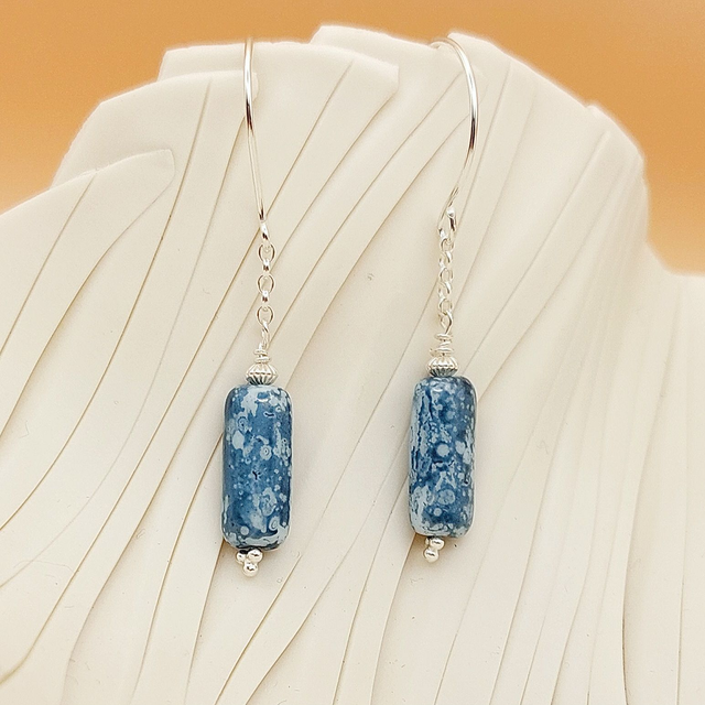Sterling silver drop earrings with vintage blue marble glass beads