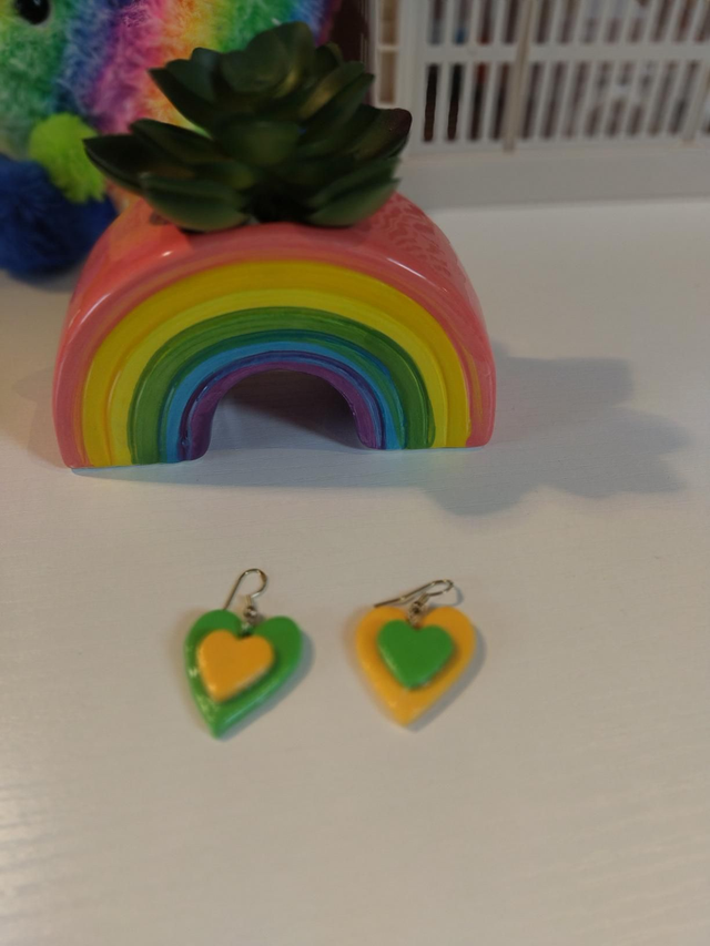 Handmade Polymer clay earrings - yellow and green miss matched 