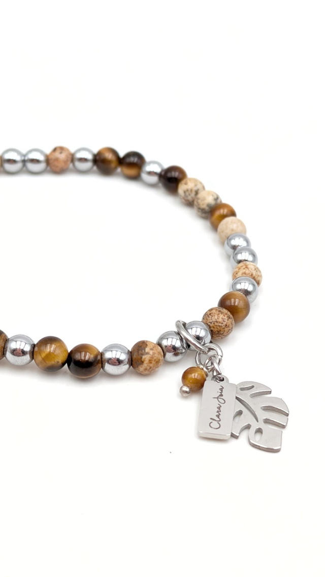 Bracelet Clara Joia Oeil de Tigre Jaspe Paysage Acier Argenté Monstera