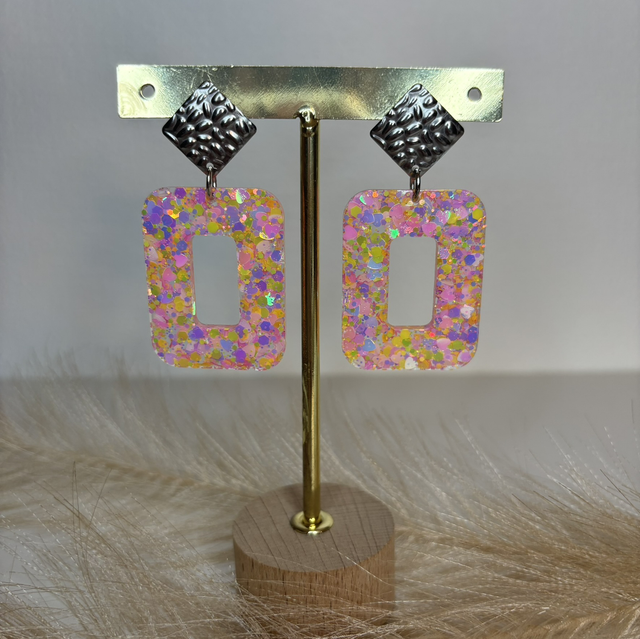 Boucles d’oreilles paillettes rose et jaune