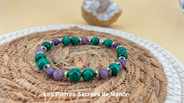 Bracelet Malachite et Lépidolite - Perles de 8 et 6mm