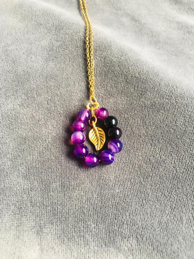 Purple Striped Agate Pendant Necklace With Floating Leaf