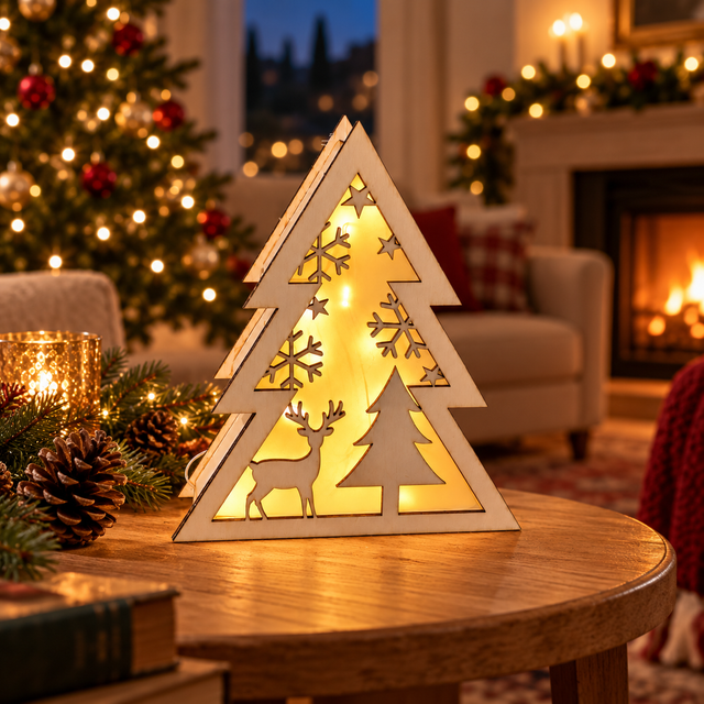 Albero di Natale luminoso in legno a batteria – soggetti a scelta