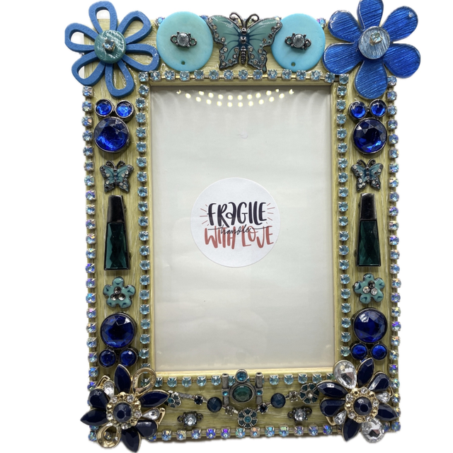 Unique Jewelled Blue Picture Frame Handcrafted with repurposed jewellery