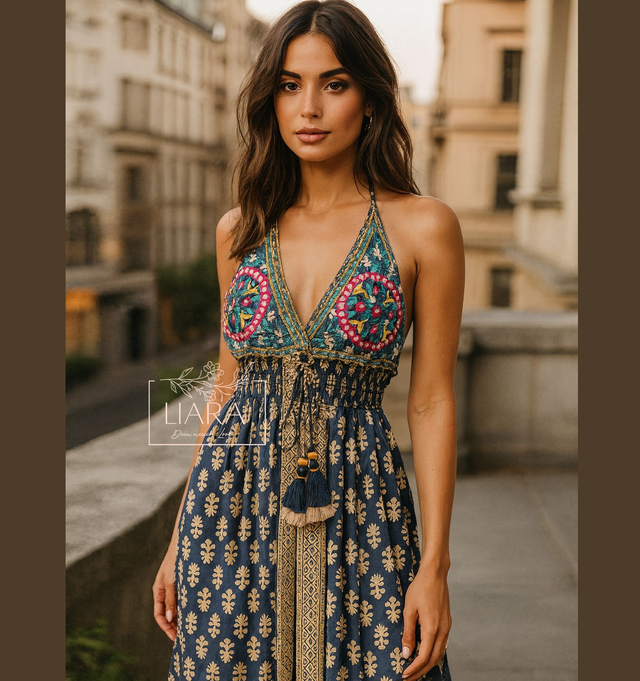 Neckholder Sommerkleid Onesize blau beige bunt