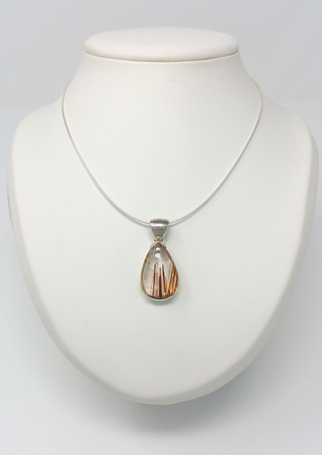 PENDENTIF CABOCHON GOUTTE DE RUTILE DEMI CERTI D'ARGENT MASSIF VENDU SANS CHAINE - 13598