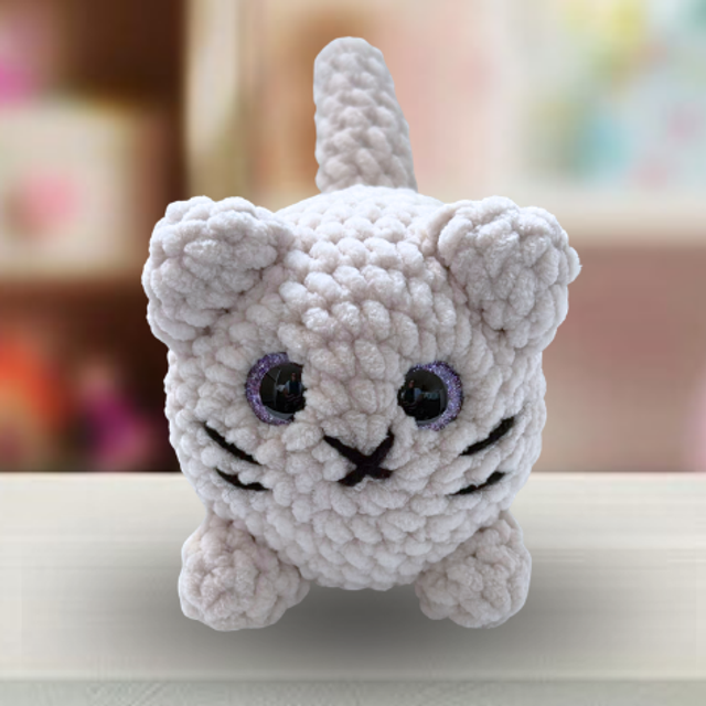 Crochet Chenille Loaf Cat, Oatmeal, Glitter Eyes, ukca Tested