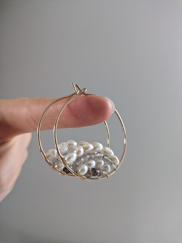 Gold filled pearl and labradorite hoops