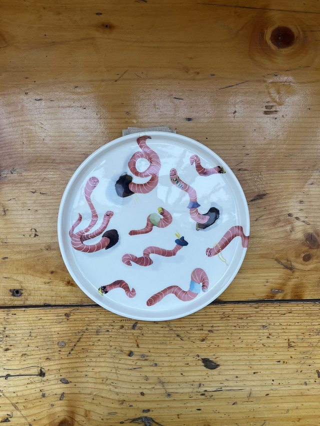 Teller flach mit Rand Wurm und Würmer | lenes_linien Sonderedition