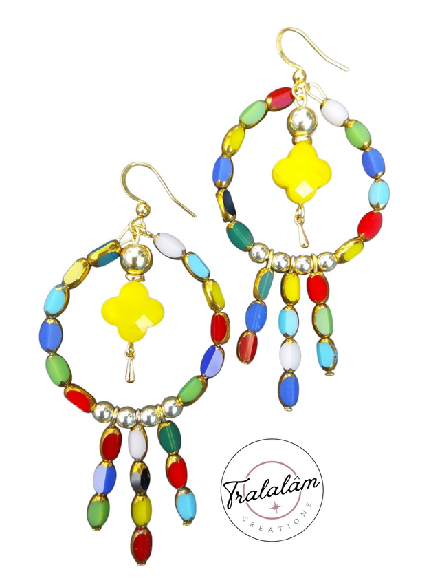 ✨Boucles d&#039;oreilles créoles multicolores trèfles jaunes✨(175BO)