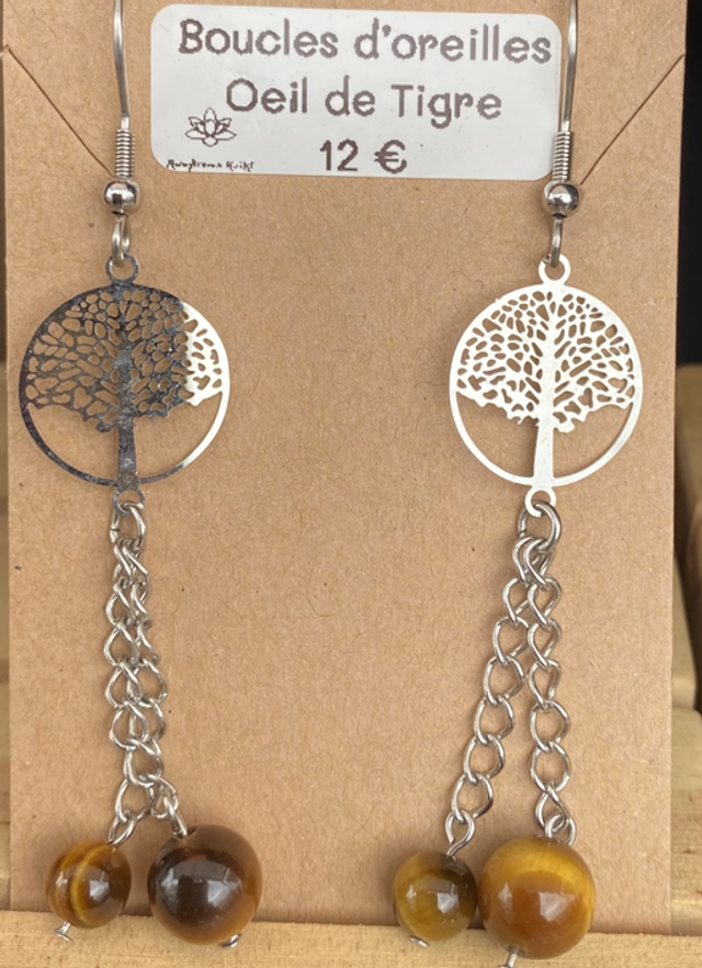 Boucle d’oreille Oeil de Tigre Arbre de vie