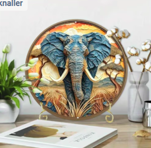 Wanddecoratie metalen bord Afrikaanse Olifant 20cm diameter