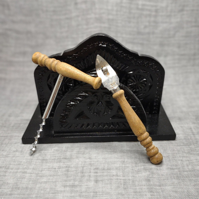 Made in Holland | Set Kurkentrekker en flesopener hout met roestvrij staal (lengte 13,0 cm | breedte 10,0 cm) | Vintage