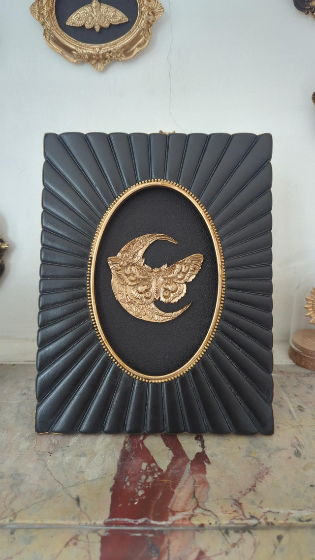 Cadre noir et doré ovale papillon+lune