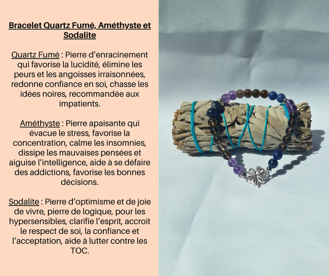 96- Bracelet Quartz Fumé, Améthyste et Sodalite