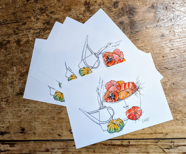 Carte courges à l'aquarelle, décor campagne