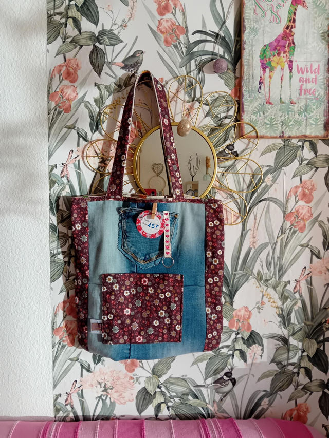 Tote-bag jeans et velours fleurs 