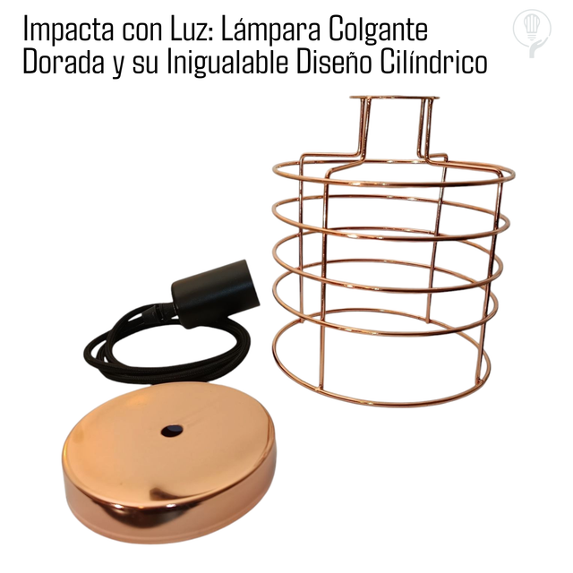Lámpara Colgante Dorada con Diseño de Jaula Cilíndrica 