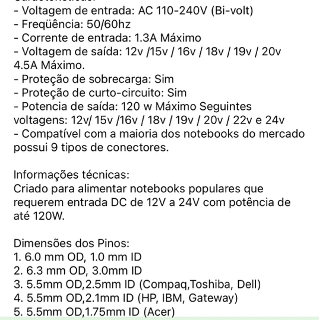 Fonte Carregador Universal Notebook Laptop Computador 120W
