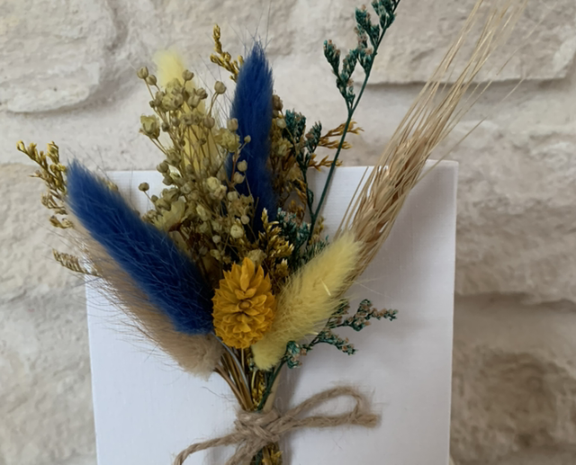 Mini tableau et bouquet bleu et jaune
