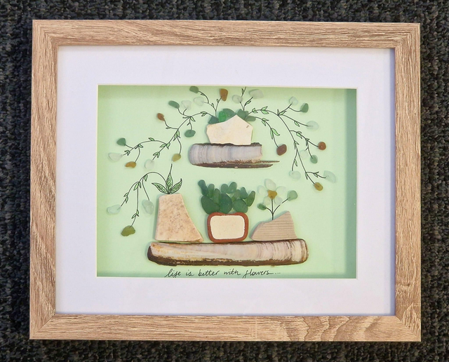 'Life is better with flowers' 10x8" Sea Glass Art 