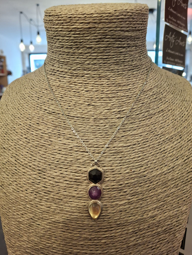 Collier pendentif argent Trio Spinelle - Rubellite - Citrine