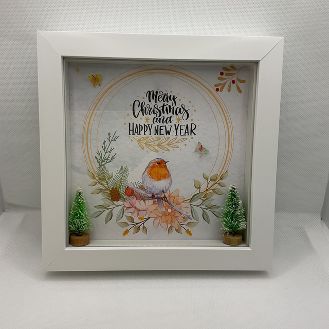 Christmas frame. Beautiful Christmas gift with Robin design.