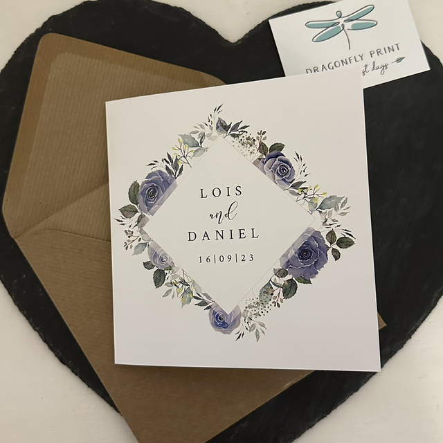 Dark dusty blue / navy floral wedding invitations - including invitation, menu, menu choice tear off RSVP card and outer envelope