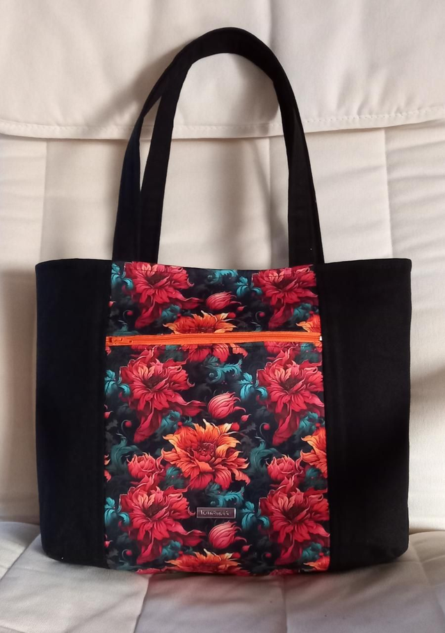 Shoulder Tote Bag - Black and Orange Floral