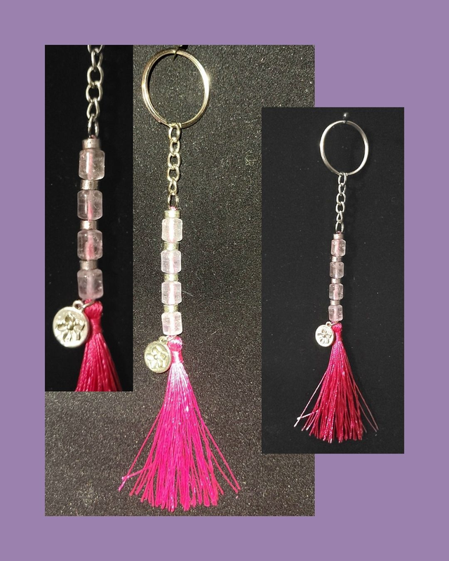 Pink Tasseled, Silver Flower Keyring