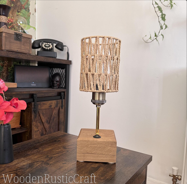 Solid Oak Table Lamp with Woven Cord Shade