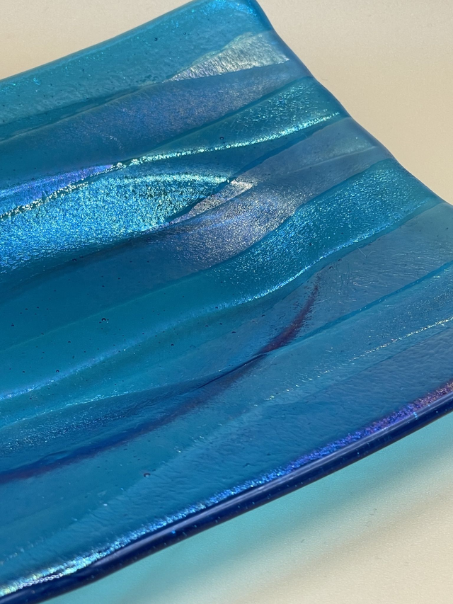 Kiln Carved Dish in Rainbow Iridescent on Transparent Turquoise.