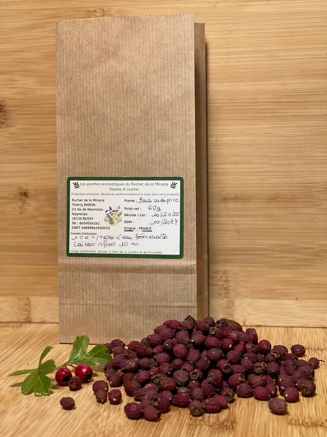 Baies d'aubépine séchées, non traitées. Récolte 2025. Origine France. 60 grammes net