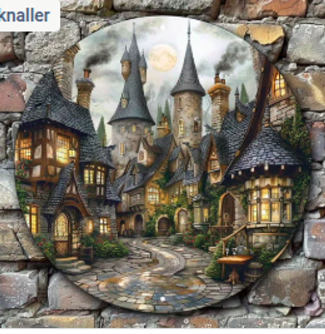 Wanddecoratie metalen bord Tovenaarsstad (20cm diameter)