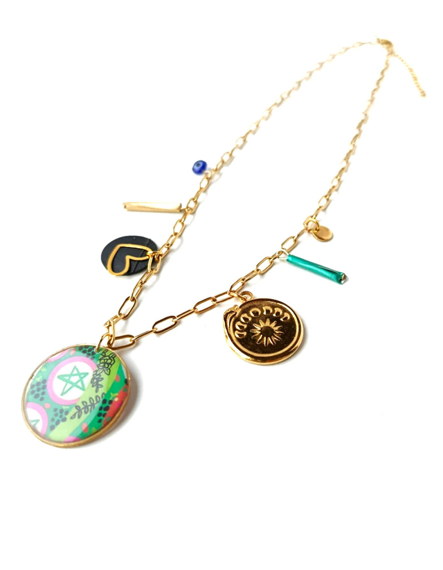 Collier à Breloques Upcyclé Carte de Tarot, Chambre à Air &amp; Aluminium Recyclés - Pentagramme