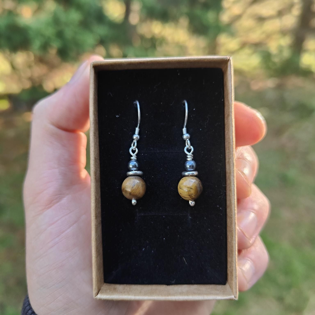 Boucles d'oreilles "Harmonie" double : Oeil de Tigre et Hématite