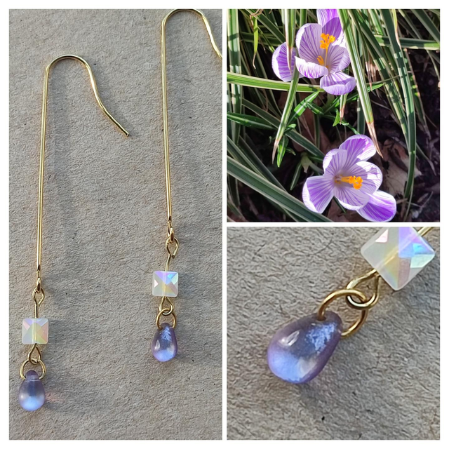 Boucles d'oreilles gouttes violine et verre nacré, acier inoxydable doré -sans nickel, pièce unique 