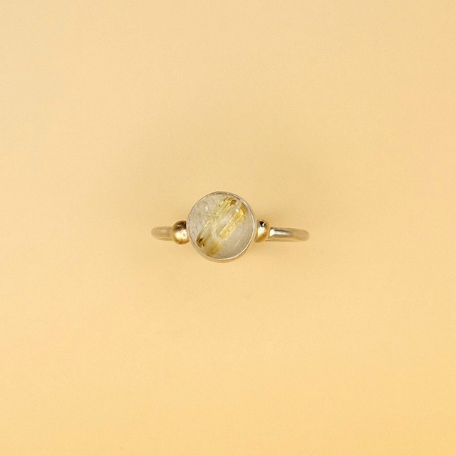 Rutilated quartz sterling silver ring with gold accents (size N)
