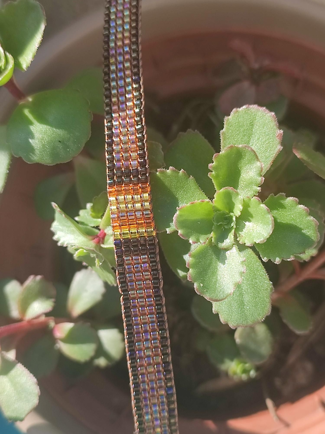 Z- Bracelet tissé main en perles de verre miyuki : cuivre/or/orange, réglable avec lien