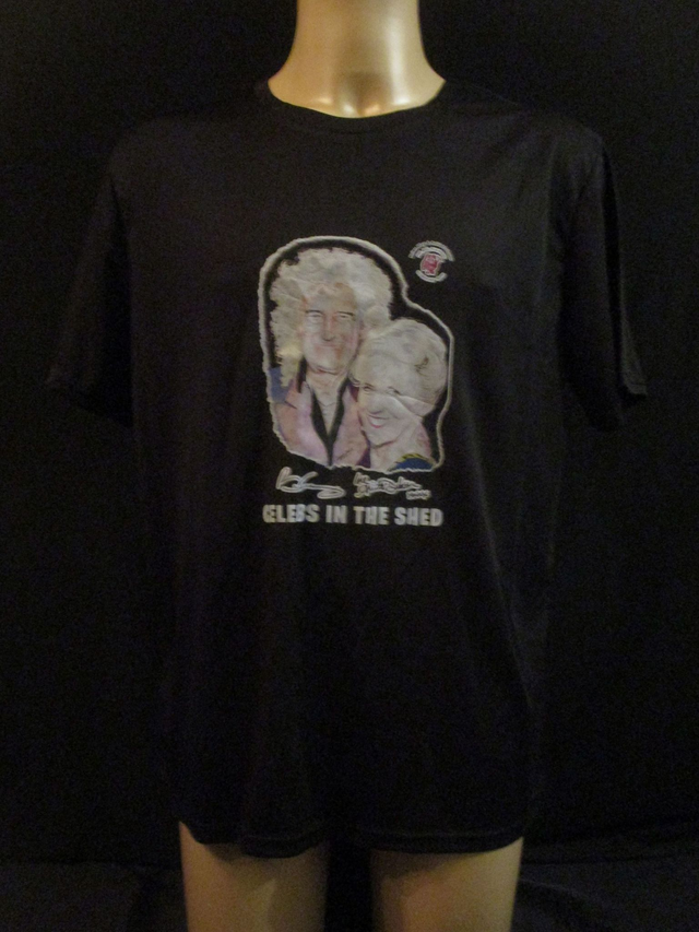 Anita Dobson &amp; Brian May Signed Picture T-Shirt ADULT 100% Polyester Crew Neck BLACK (X-Large) Top 