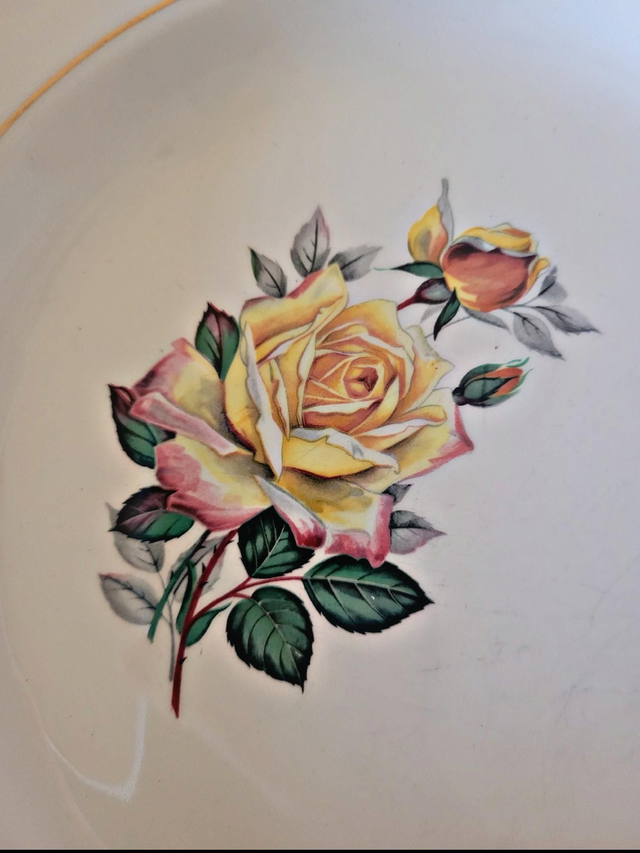 Assiettes plates Gien Gardanne, roses couleur jaune (par 6)
